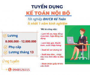 TUYỂN DỤNG KẾ TOÁN NỘI BỘ NGÀNH CƠ KHÍ, NỘI THẤT KHU VỰC NGỌC