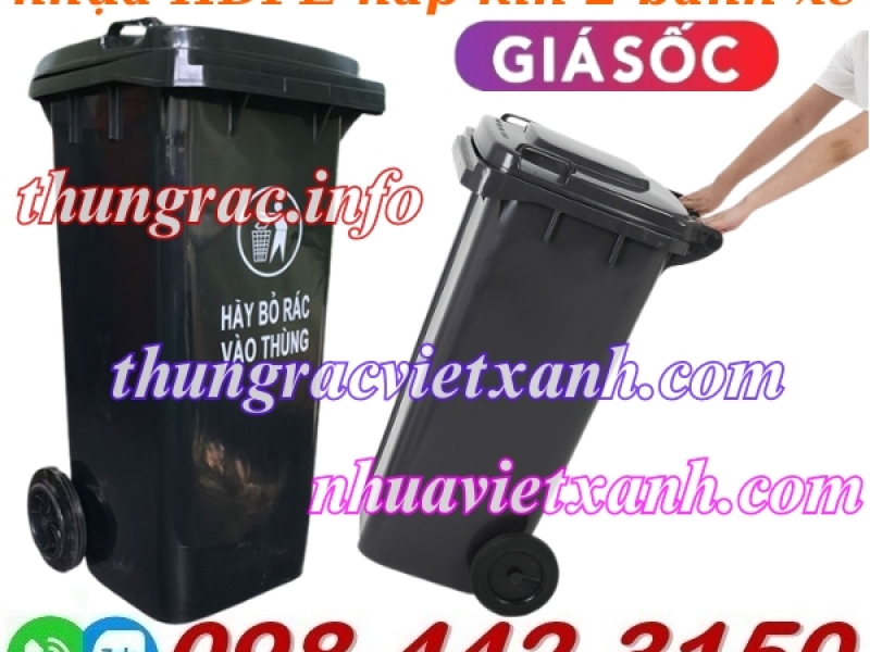 Thùng rác nhựa 120 lít màu đen - nắp kín - 2 bánh xe