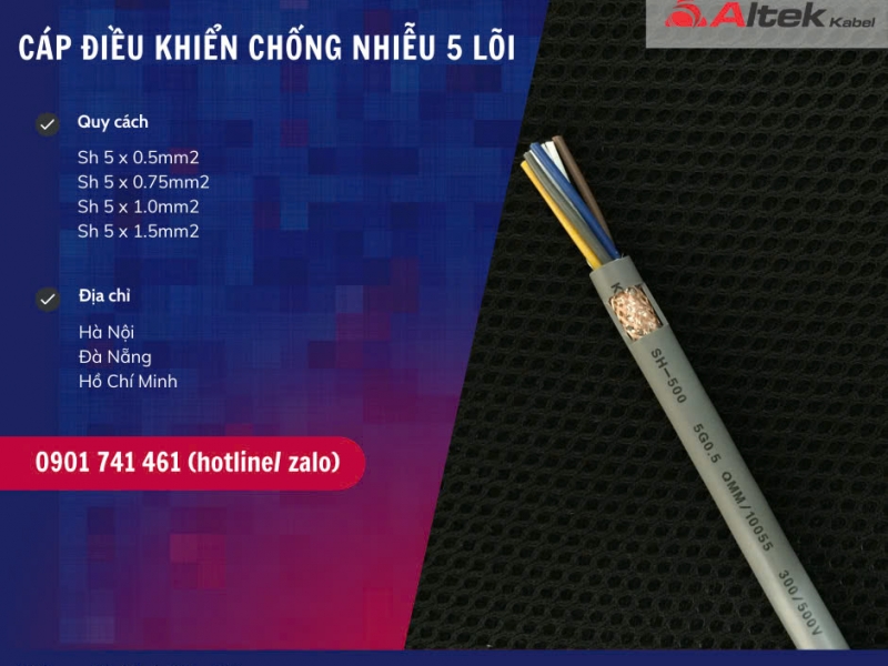 Cáp điều khiển chống nhiễu 5 lõi 0.5mm, 0.75mm, 1.0mm, 1.5mm