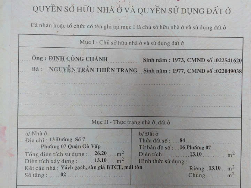 bán nhà mặt tiền 13 đường số 7 phường 7 quận gò vấp trệt lầu nhà