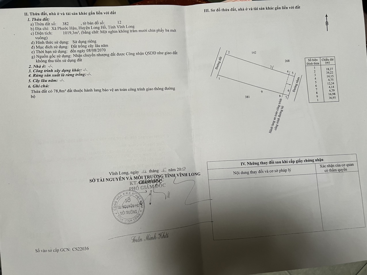 Chính chủ bán đất xã Phước Hậu, huyện Long Hồ, tỉnh Vĩnh Long.