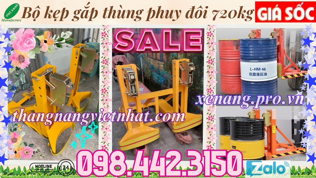 Bộ kẹp gắp thùng phuy đôi 2 thùng phuy 720kg