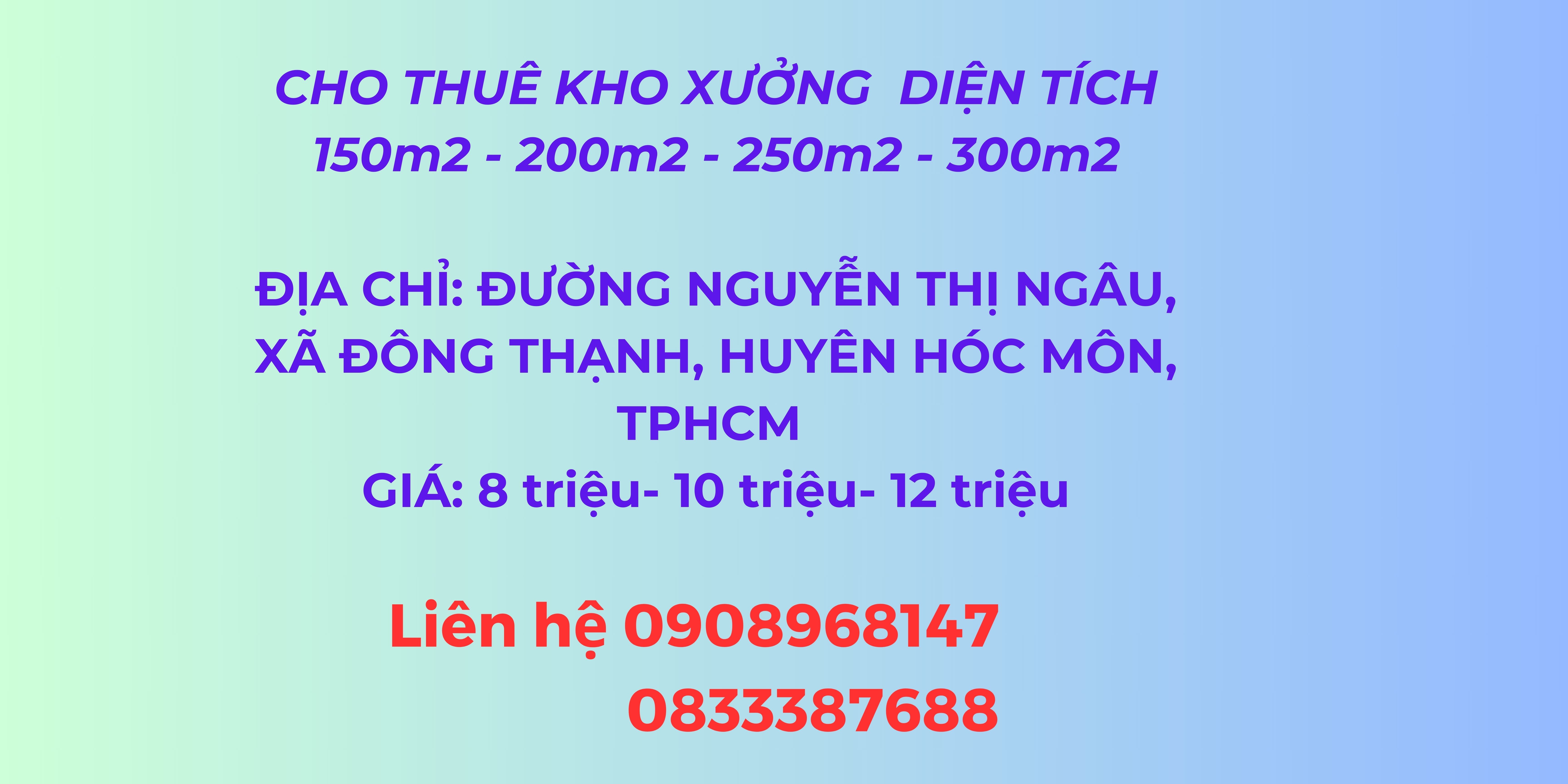 Cho thuê kho xưởng đường Nguyễn Thị Ngâu, Xã Đông Thạnh, Huyện Hóc