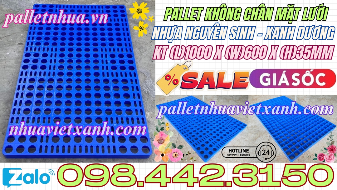 Pallet nhựa không chân 1000x600x35mm mặt lưới nhựa nguyên sinh