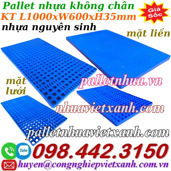 Pallet nhựa không chân 1000x600x35mm nhựa nguyên sinh màu xanh dương