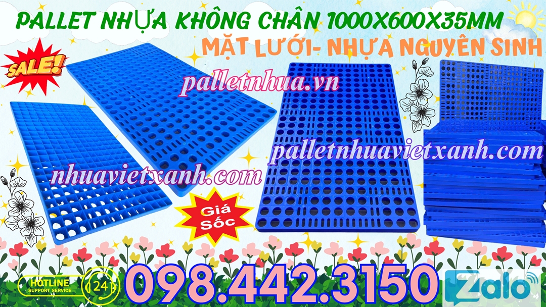 Pallet nhựa không chân 1000x600x35mm mặt lưới nhựa nguyên sinh