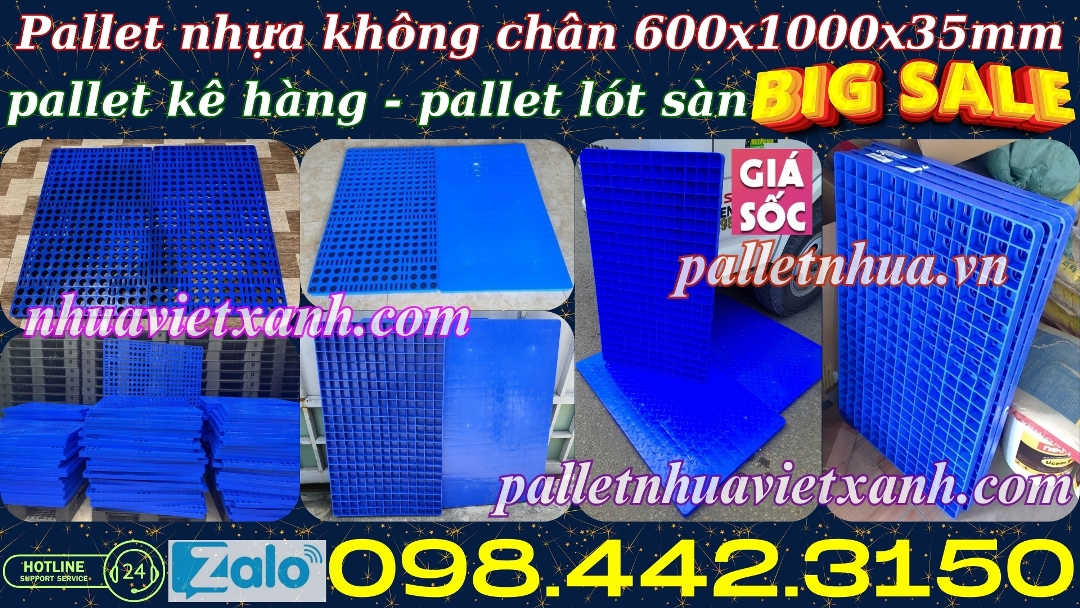 Pallet nhựa không chân 1000x600x35mm nhựa nguyên sinh màu xanh dương