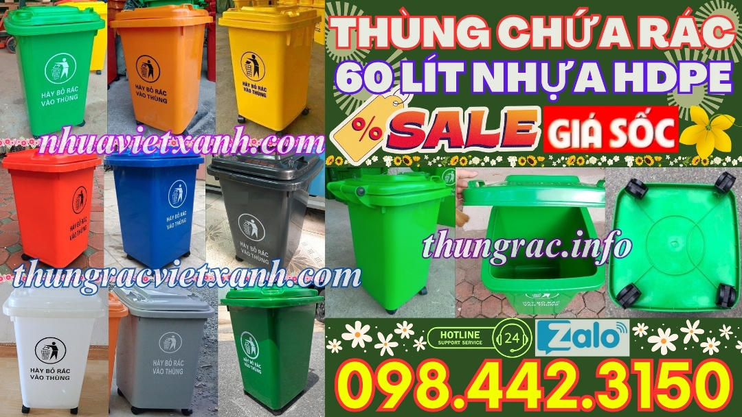 Thùng rác nhựa 60 lít có bánh xe - nhiều màu phân loại rác