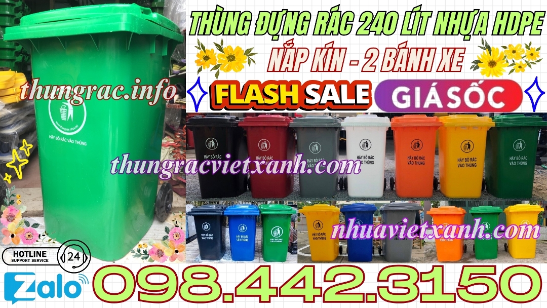 Thùng rác nhựa 240 lít - nắp kín - 2 bánh xe