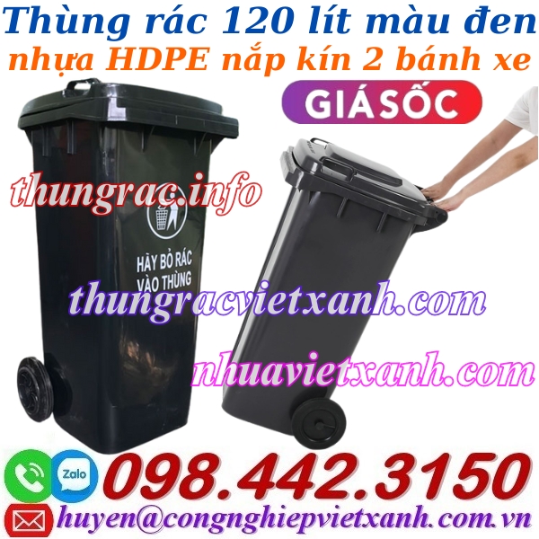 Thùng rác nhựa 120 lít màu đen - nắp kín - 2 bánh xe