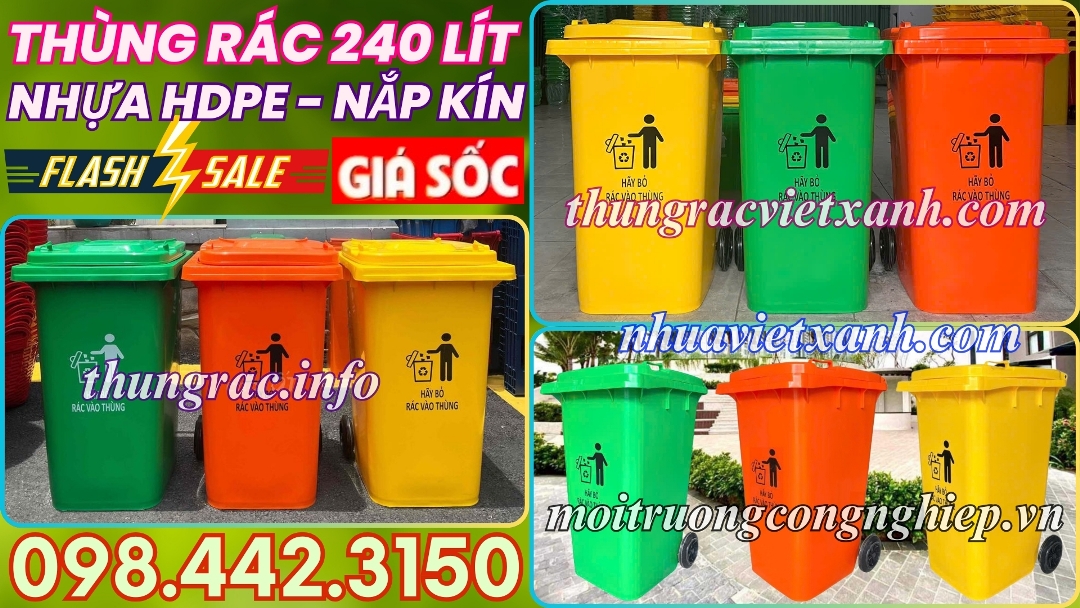 Thùng rác 240 lít nắp kín nhựa HDPE 2 bánh xe