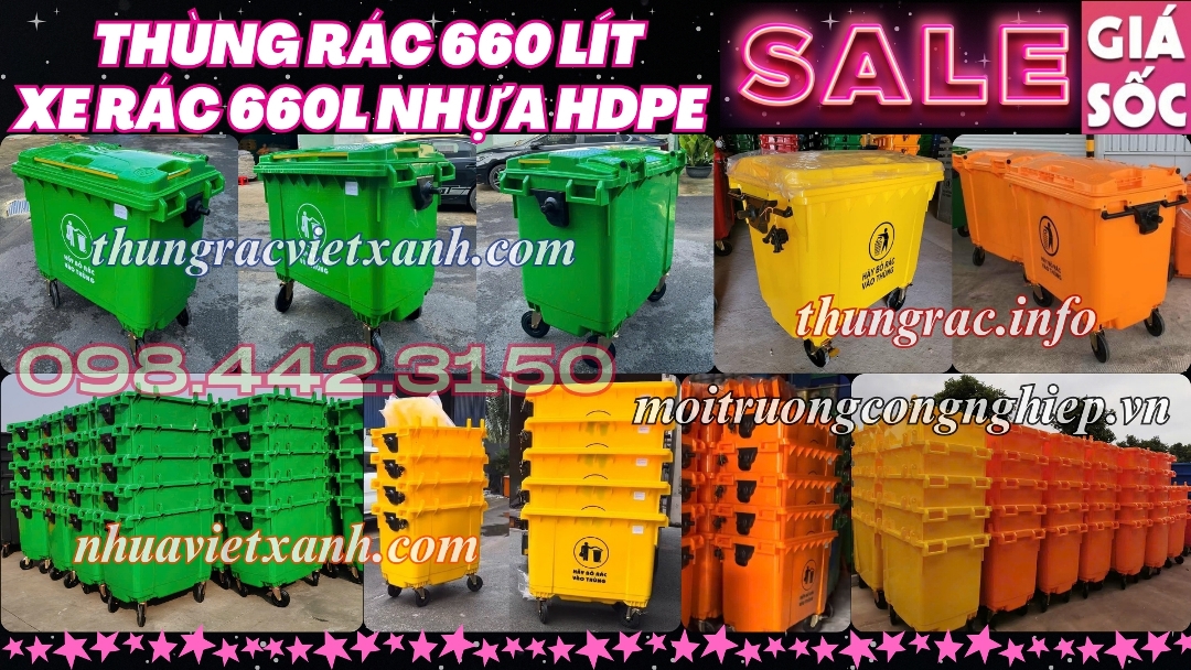 Xe thu gom rác 660 lít nhựa HDPE 4 bánh xe