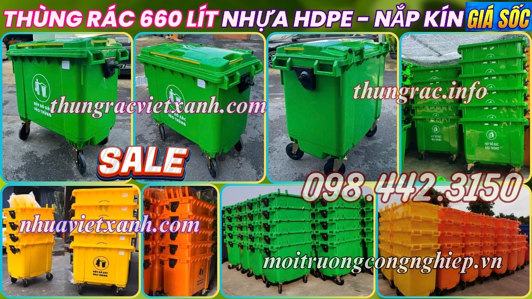 Xe thu gom rác 660 lít nhựa HDPE 4 bánh xe