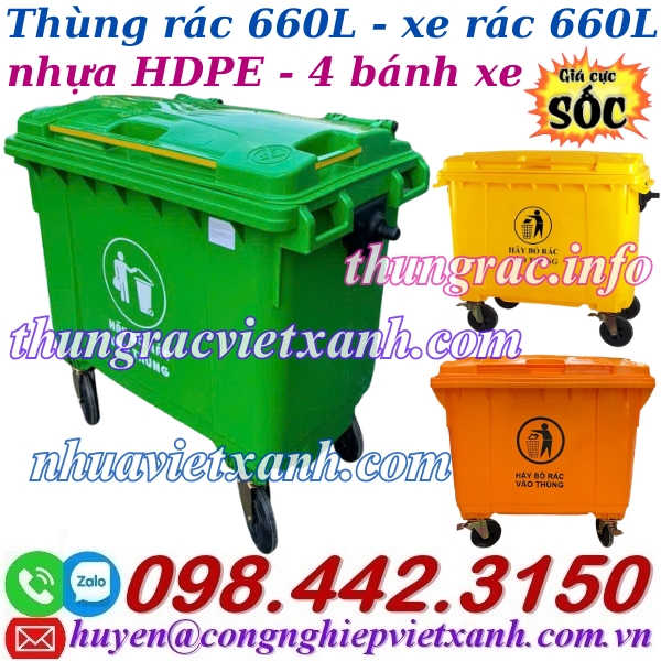 Xe thu gom rác 660 lít nhựa HDPE 4 bánh xe