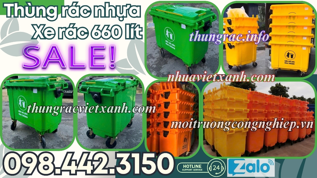 Xe thu gom rác 660 lít nhựa HDPE 4 bánh xe