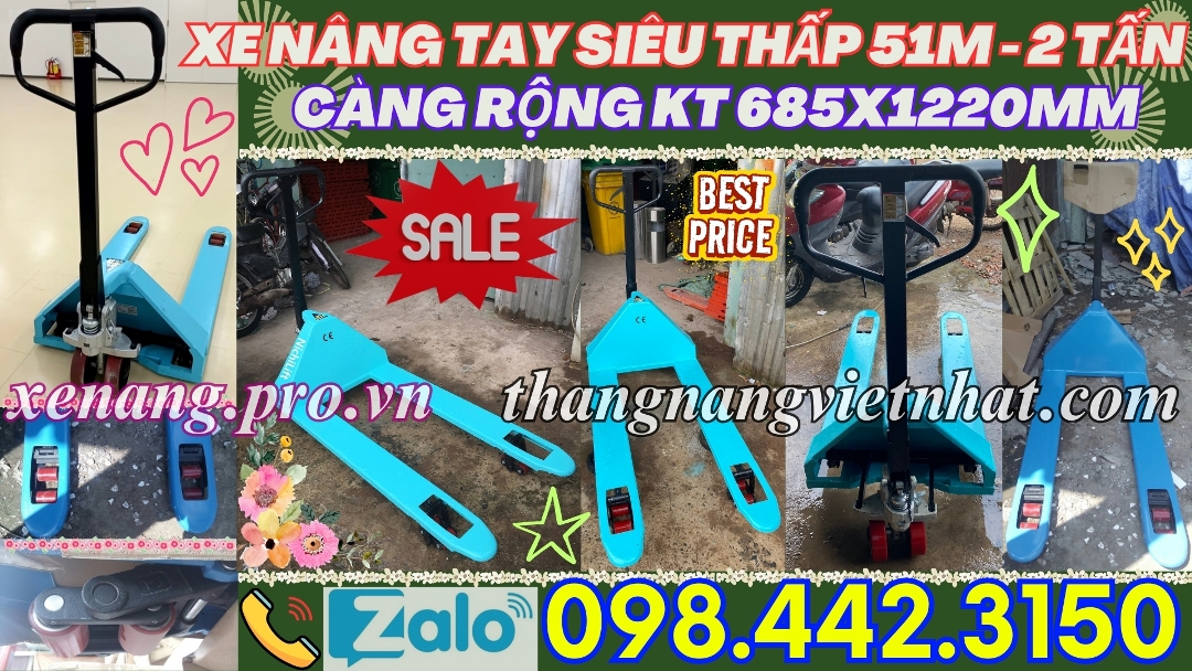 Xe nâng tay siêu thấp 51mm - tải 2 tấn càng rộng KT 685x1220mm