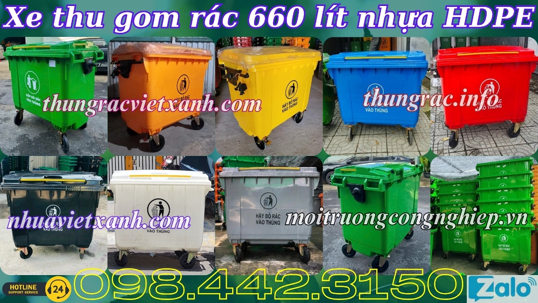 Xe thu gom rác 660 lít nhựa HDPE 4 bánh xe