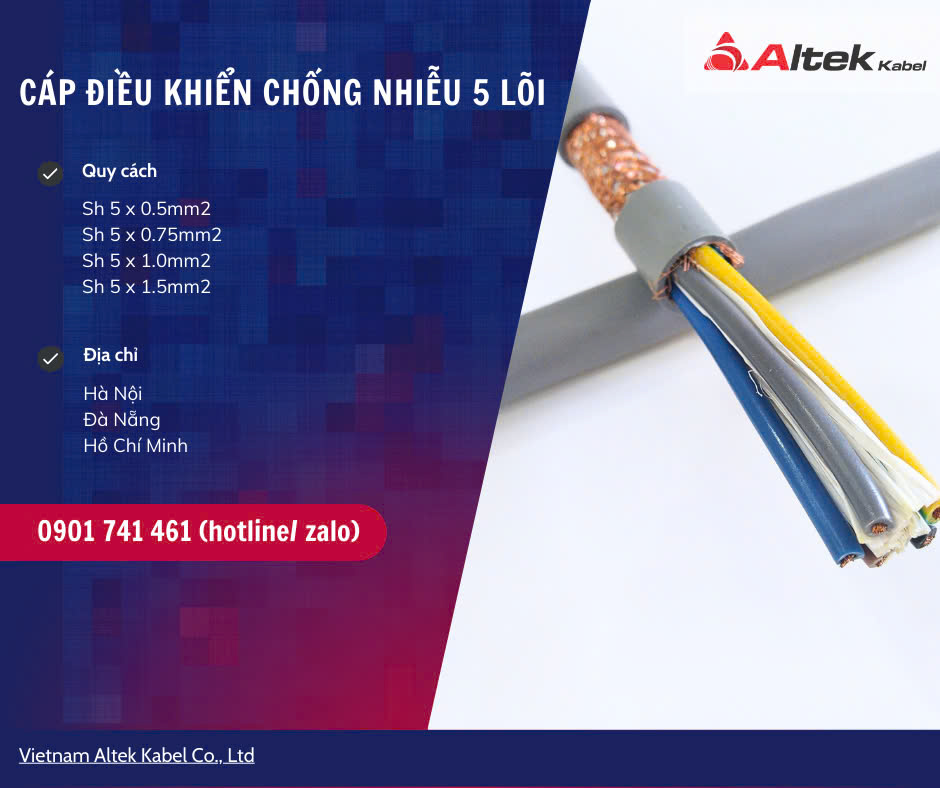 Cáp điều khiển chống nhiễu 5 lõi 0.5mm, 0.75mm, 1.0mm, 1.5mm