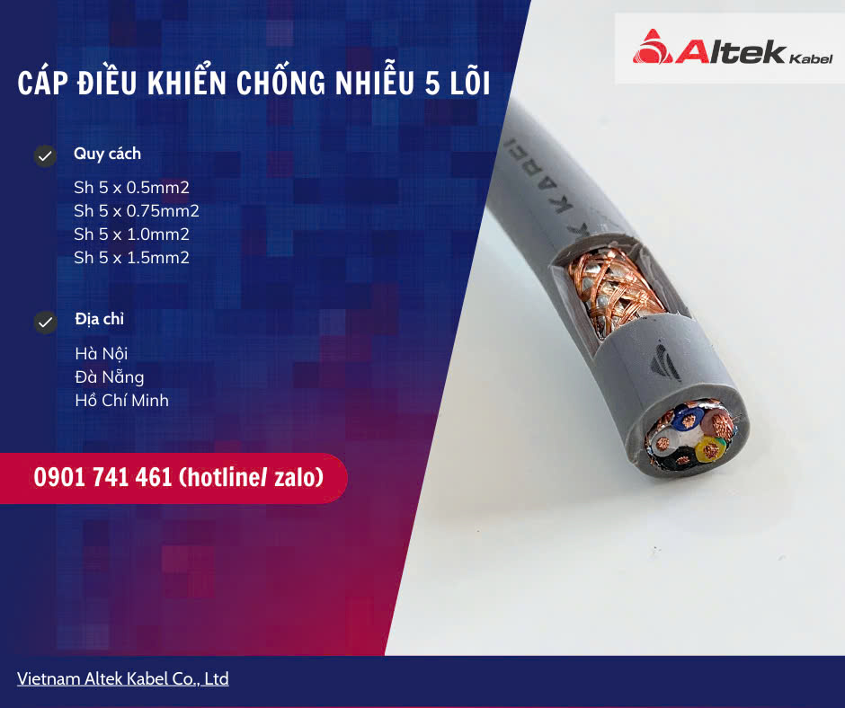 Cáp điều khiển chống nhiễu 5 lõi 0.5mm, 0.75mm, 1.0mm, 1.5mm